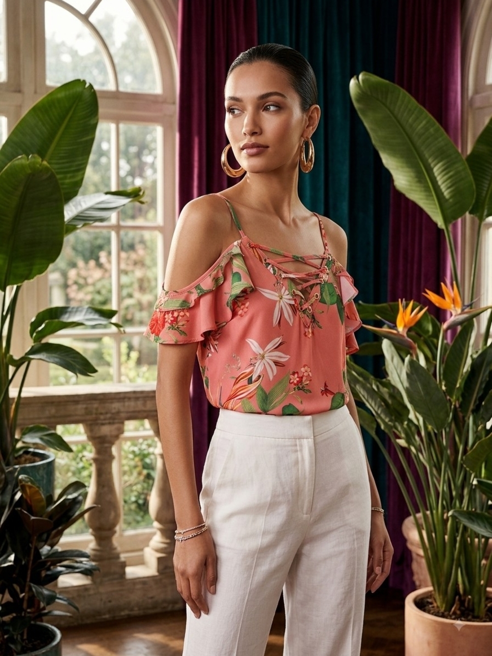 Express Coral Floral Cold-Shoulder Lace Up Neck Blouse